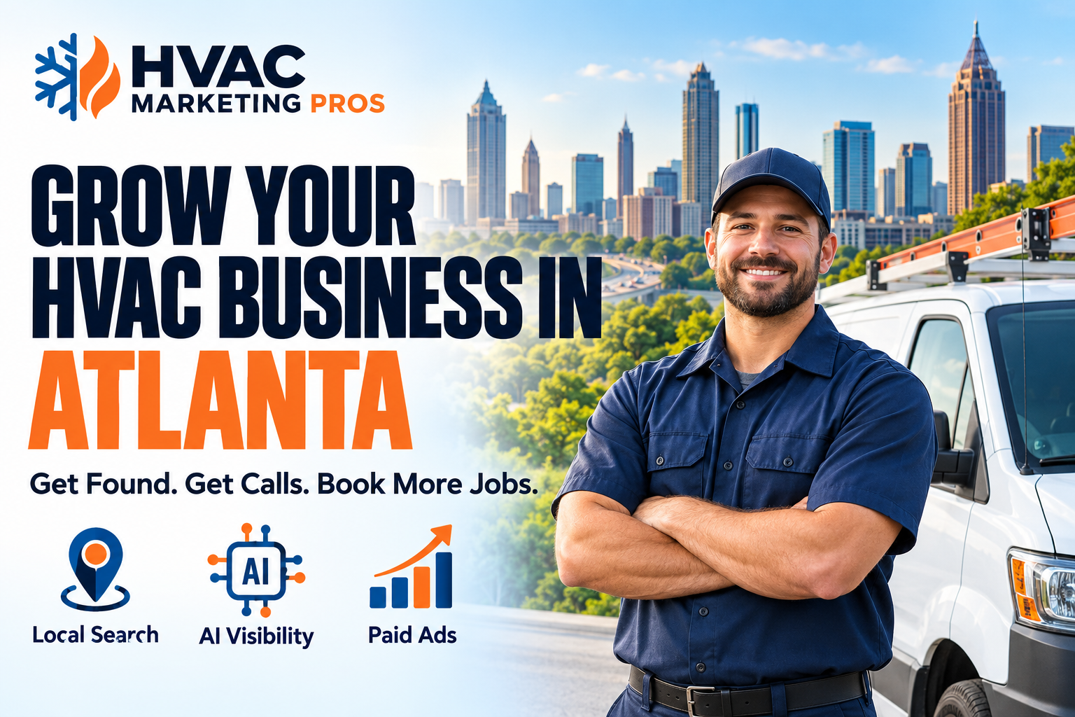 HVAC Marketing Pros Atlanta banner with a technician, service van and local scenery: Local Search, AI Visibility and Paid Ads.