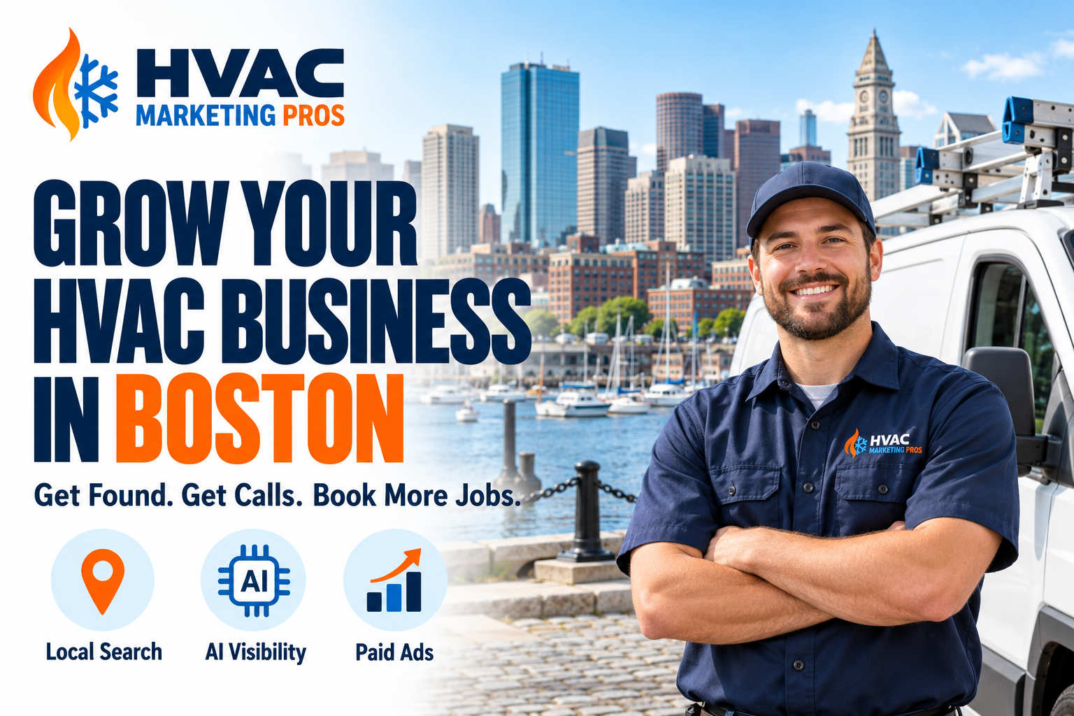 HVAC Marketing Pros Boston banner with a technician, service van and local scenery: Local Search, AI Visibility and Paid Ads.
