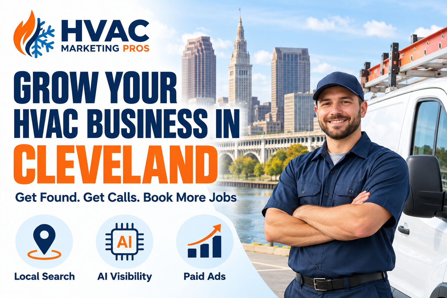 HVAC Marketing Pros Cleveland banner with a technician, service van and local scenery: Local Search, AI Visibility and Paid Ads.