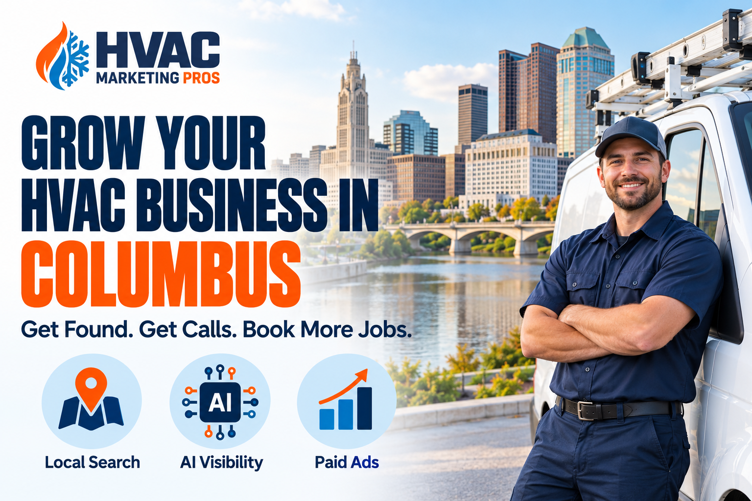 HVAC Marketing Pros Columbus banner with a technician, service van and local scenery: Local Search, AI Visibility and Paid Ads.