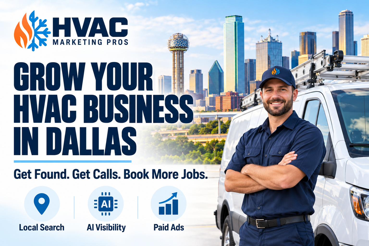 HVAC Marketing Pros Dallas banner with a technician, service van and local scenery: Local Search, AI Visibility and Paid Ads.