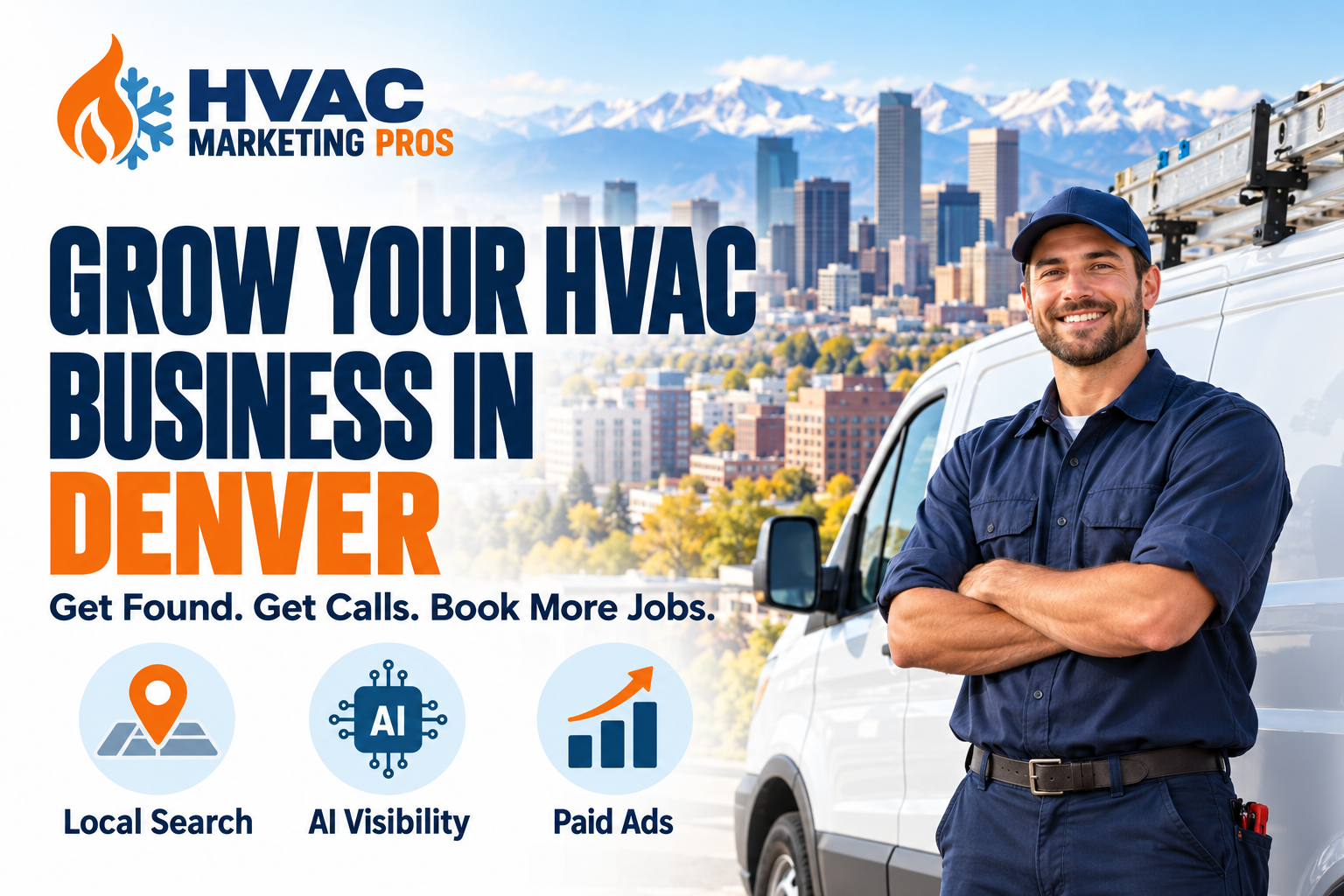 HVAC Marketing Pros Denver banner with a technician, service van and local scenery: Local Search, AI Visibility and Paid Ads.