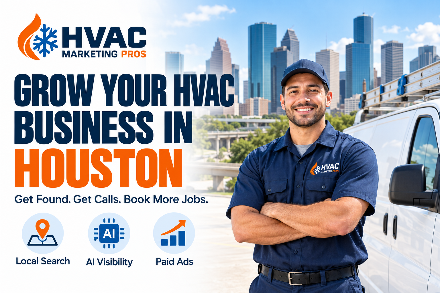 HVAC Marketing Pros Houston banner with a technician, service van and local scenery: Local Search, AI Visibility and Paid Ads.