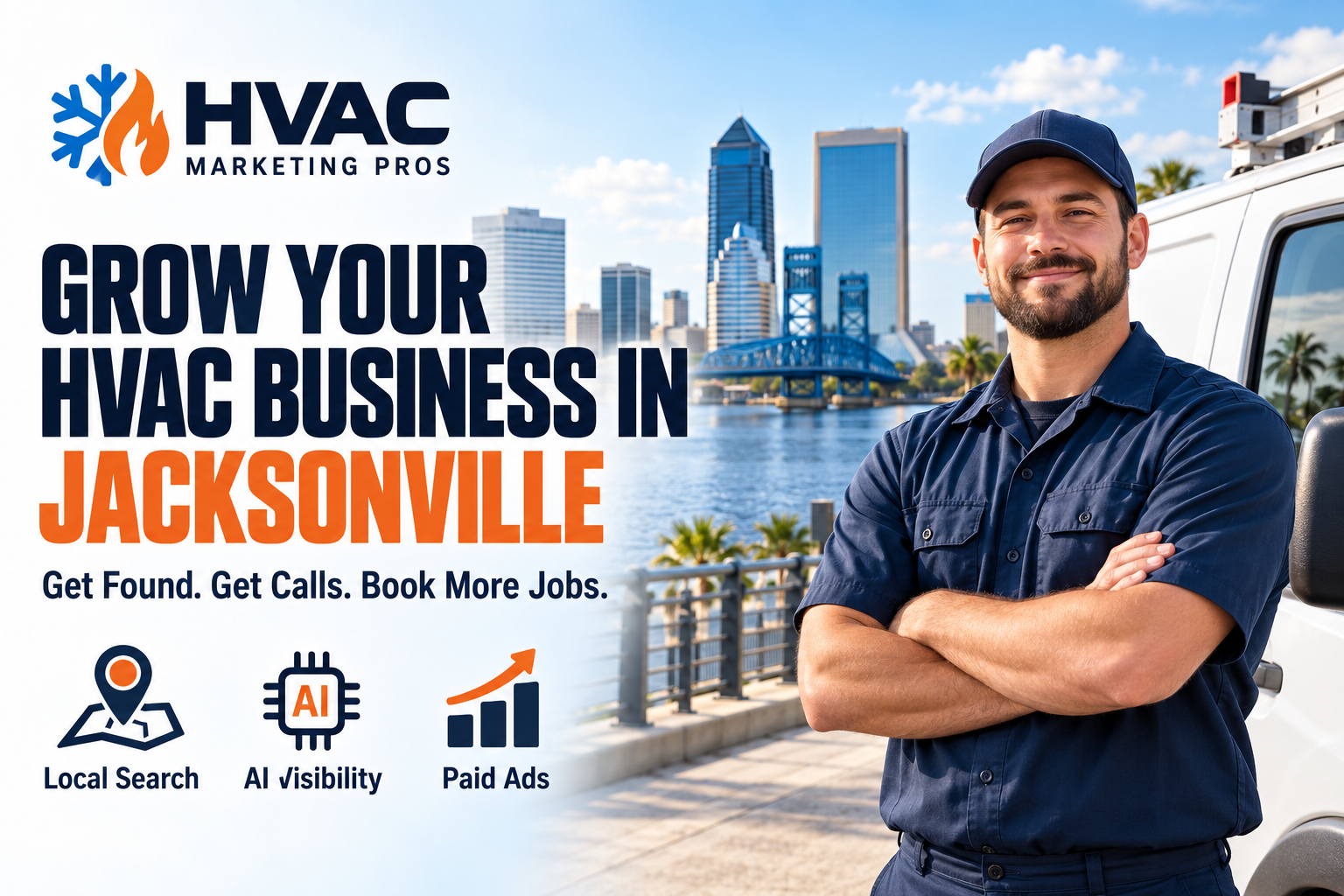 HVAC Marketing Pros Jacksonville banner with a technician, service van and local scenery: Local Search, AI Visibility and Paid Ads.