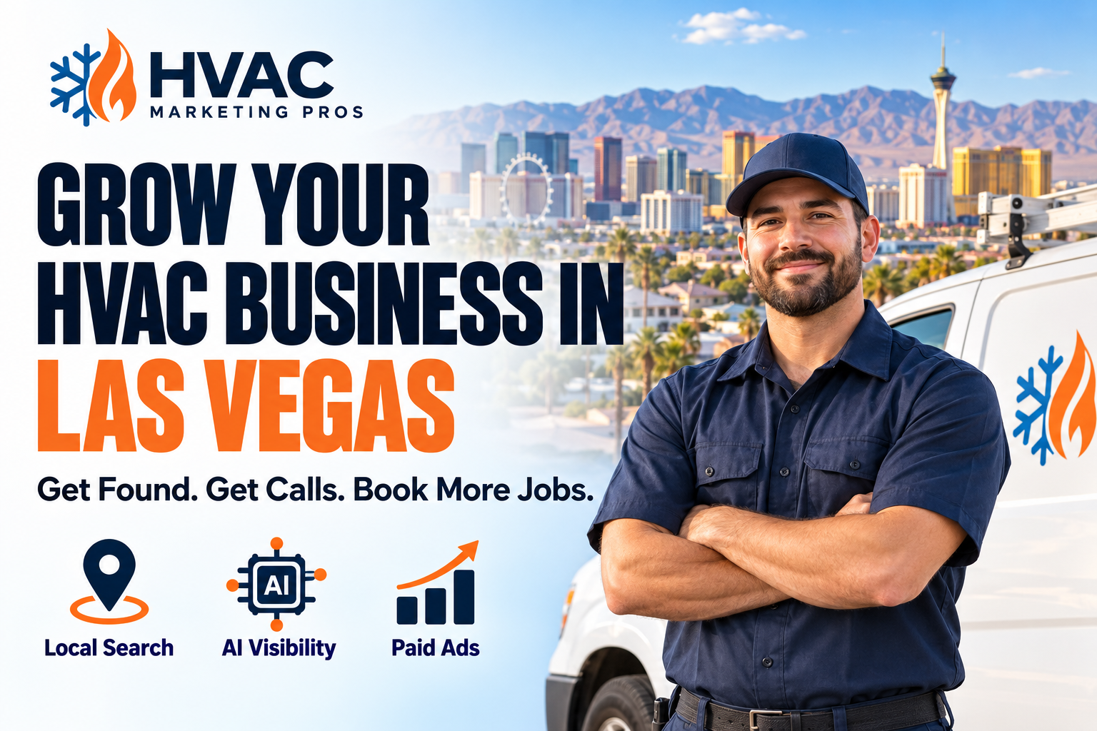 HVAC Marketing Pros Las Vegas banner with a technician, service van and local scenery: Local Search, AI Visibility and Paid Ads.