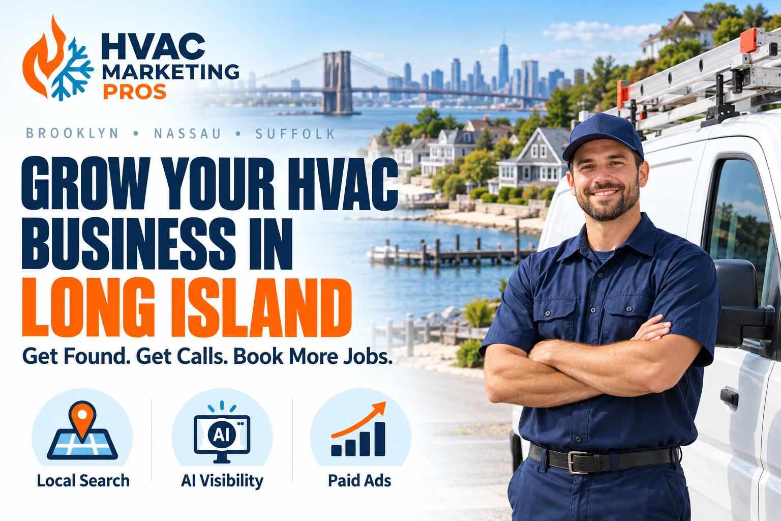 HVAC Marketing Pros Long Island banner with a technician, service van and local scenery: Local Search, AI Visibility and Paid Ads.