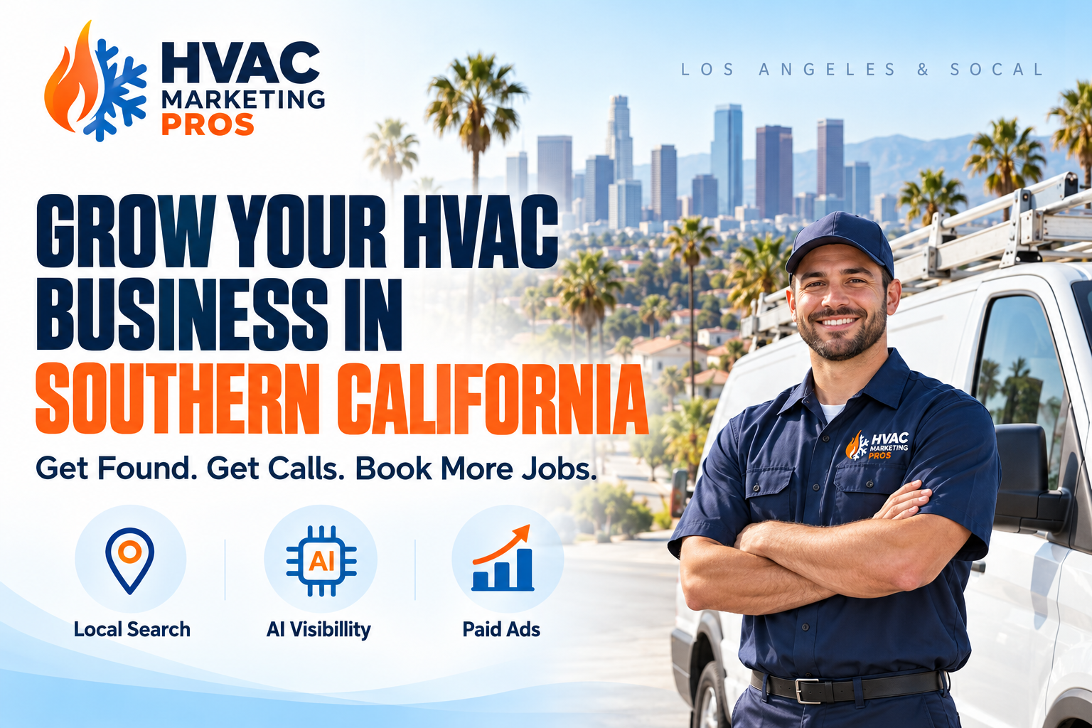 HVAC Marketing Pros Los Angeles banner with a technician, service van and local scenery: Local Search, AI Visibility and Paid Ads.