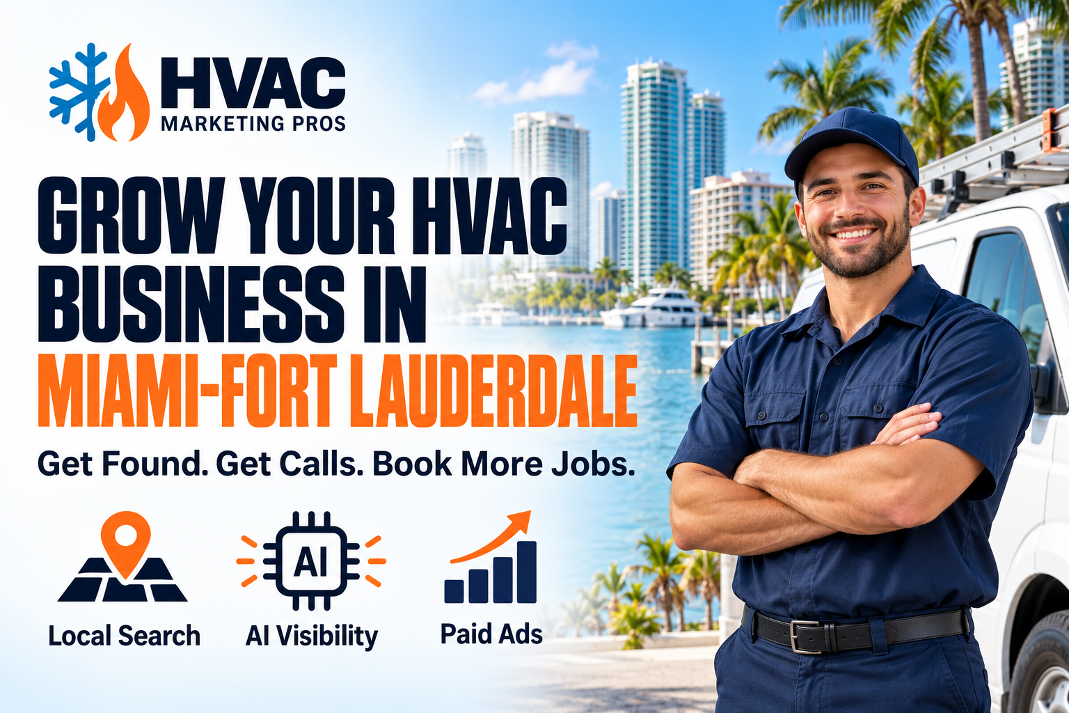 HVAC Marketing Pros Miami-Fort Lauderdale banner with a technician, service van and local scenery: Local Search, AI Visibility and Paid Ads.