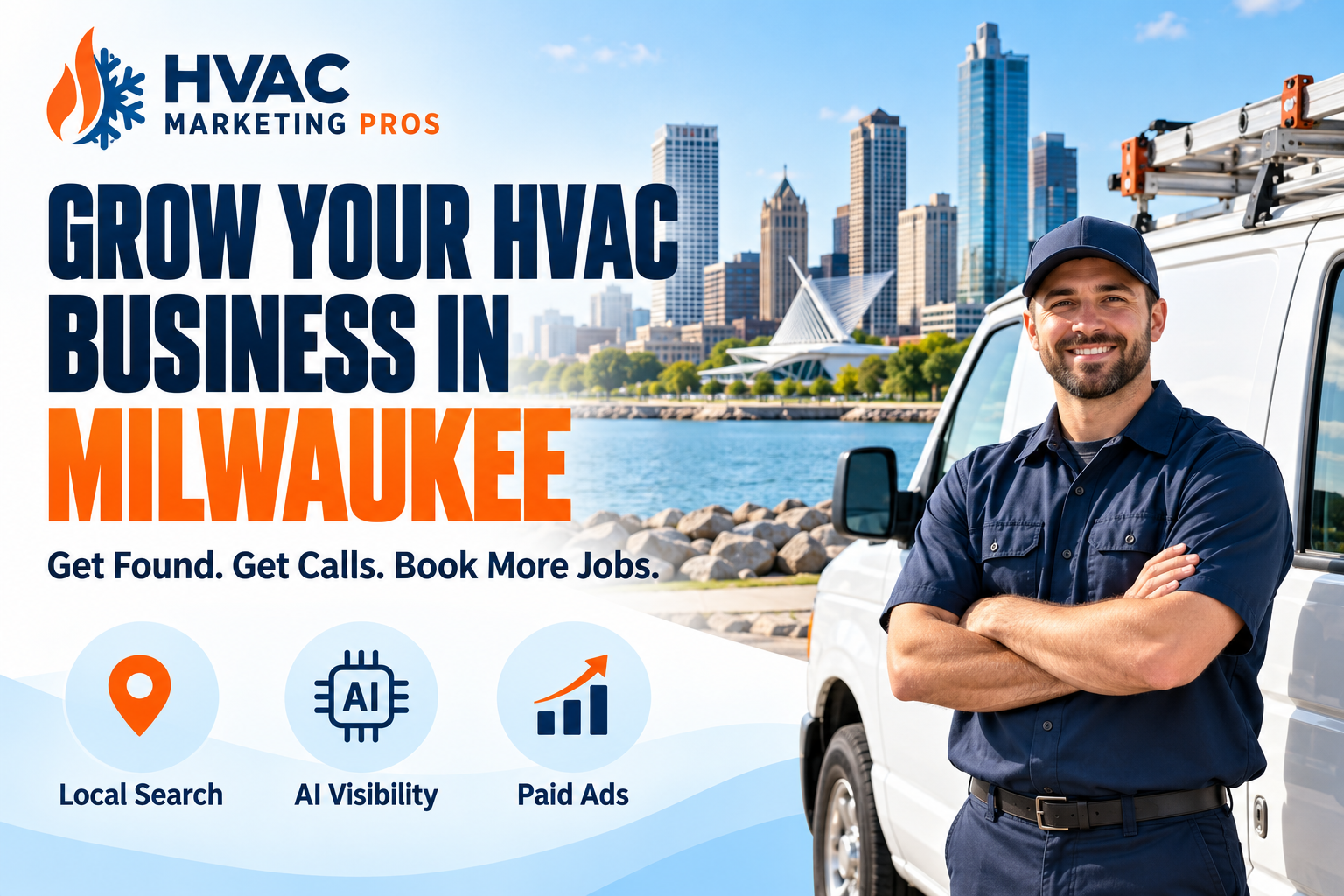 HVAC Marketing Pros Milwaukee banner with a technician, service van and local scenery: Local Search, AI Visibility and Paid Ads.
