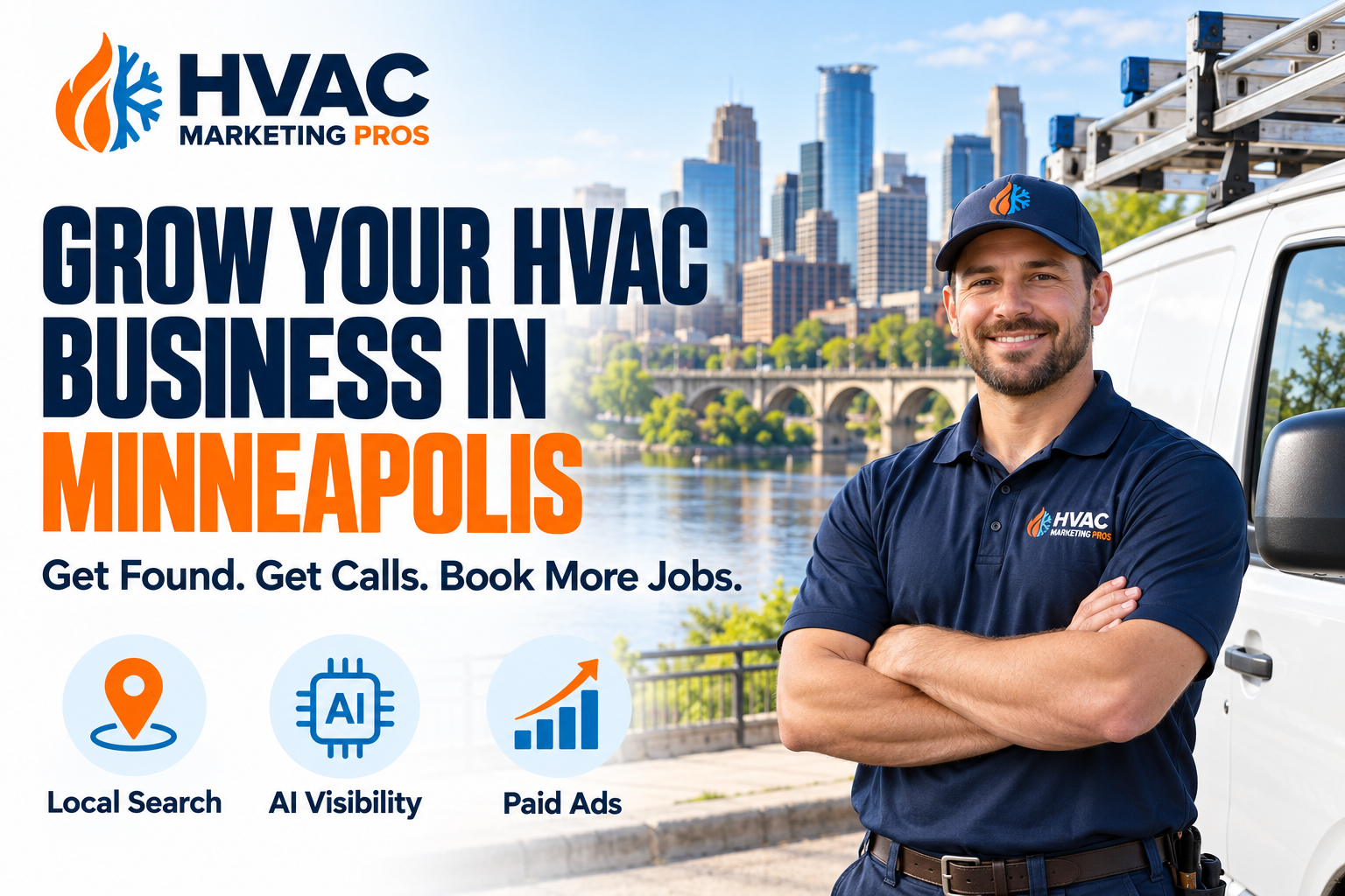 HVAC Marketing Pros Minneapolis banner with a technician, service van and local scenery: Local Search, AI Visibility and Paid Ads.