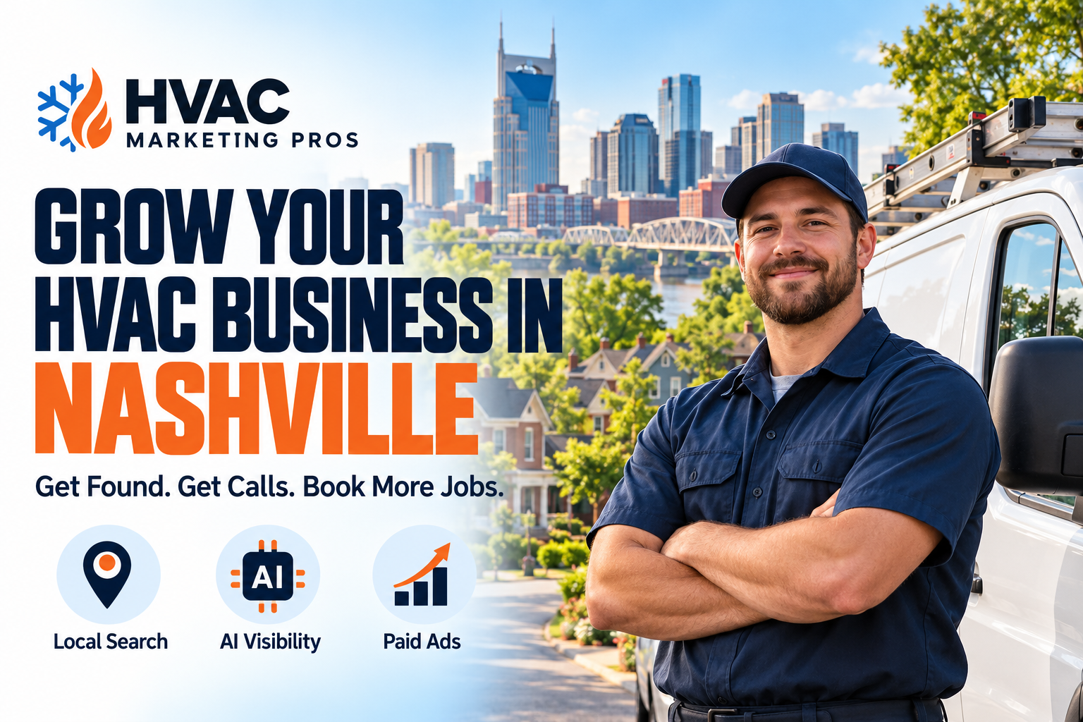 HVAC Marketing Pros Nashville banner with a technician, service van and local scenery: Local Search, AI Visibility and Paid Ads.