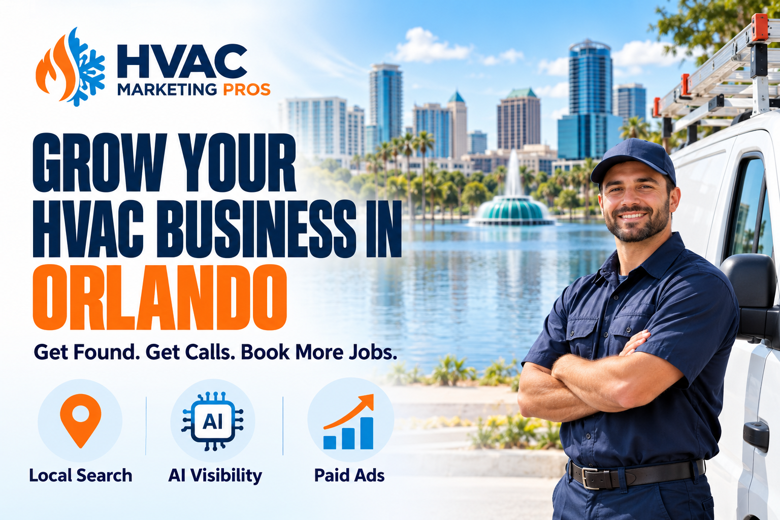 HVAC Marketing Pros Orlando banner with a technician, service van and local scenery: Local Search, AI Visibility and Paid Ads.