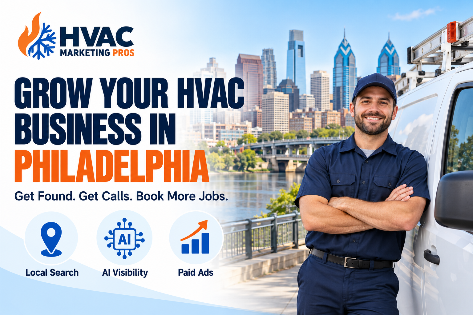 HVAC Marketing Pros Philadelphia banner with a technician, service van and local scenery: Local Search, AI Visibility and Paid Ads.