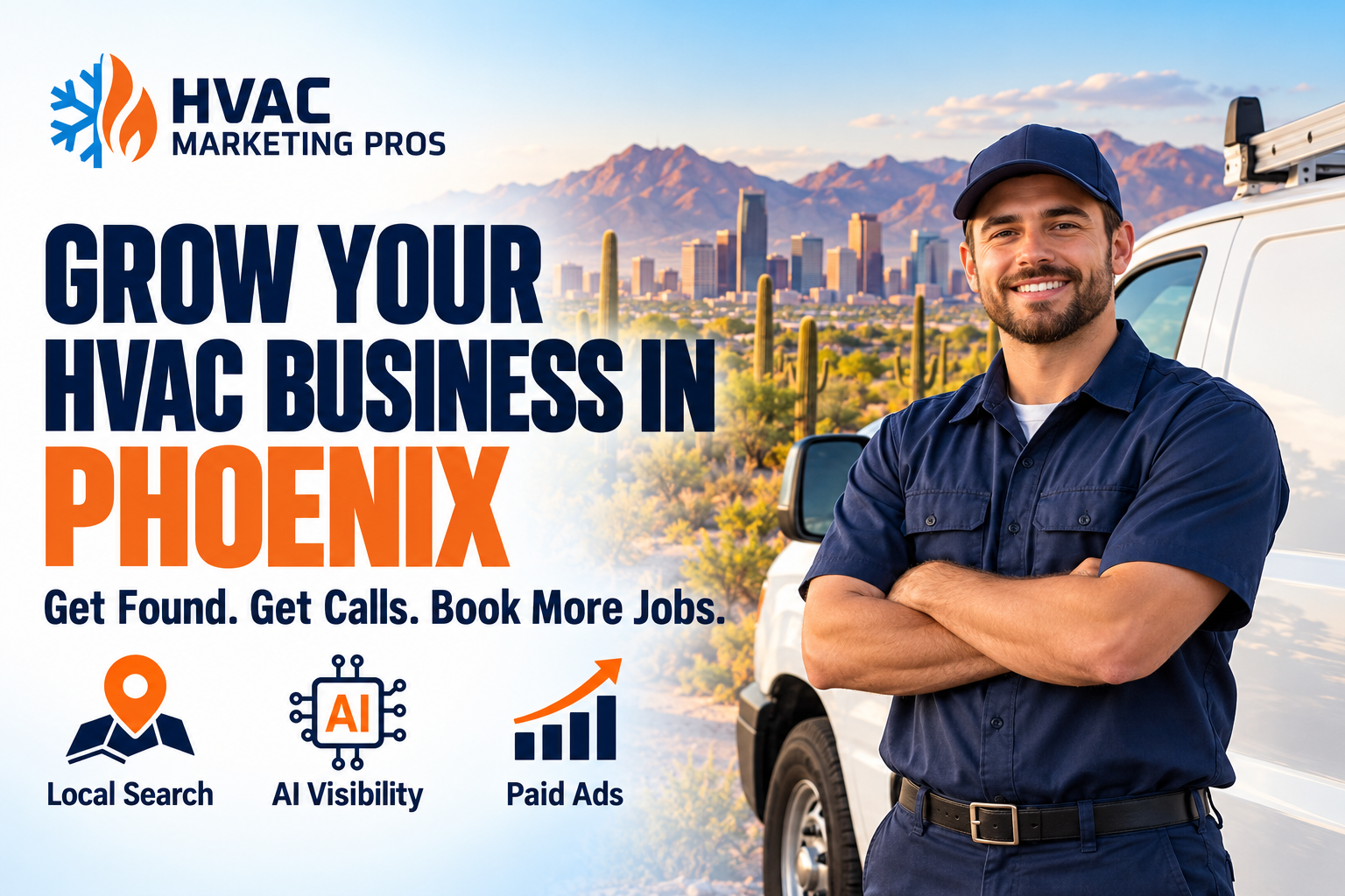 HVAC Marketing Pros Phoenix banner with a technician, service van and local scenery: Local Search, AI Visibility and Paid Ads.