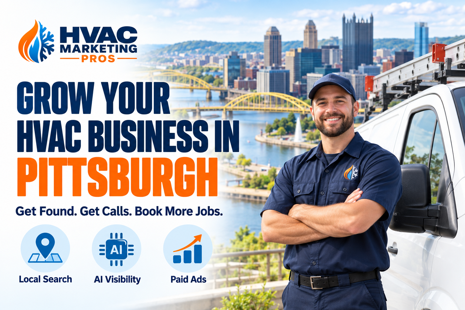 HVAC Marketing Pros Pittsburgh banner with a technician, service van and local scenery: Local Search, AI Visibility and Paid Ads.