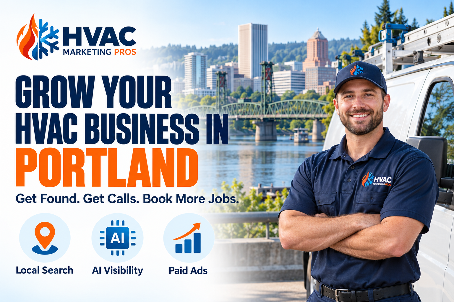 HVAC Marketing Pros Portland banner with a technician, service van and local scenery: Local Search, AI Visibility and Paid Ads.