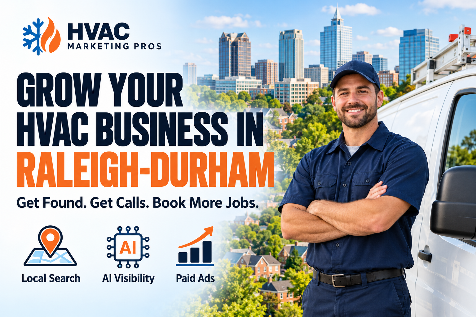 HVAC Marketing Pros Raleigh-Durham banner with a technician, service van and local scenery: Local Search, AI Visibility and Paid Ads.