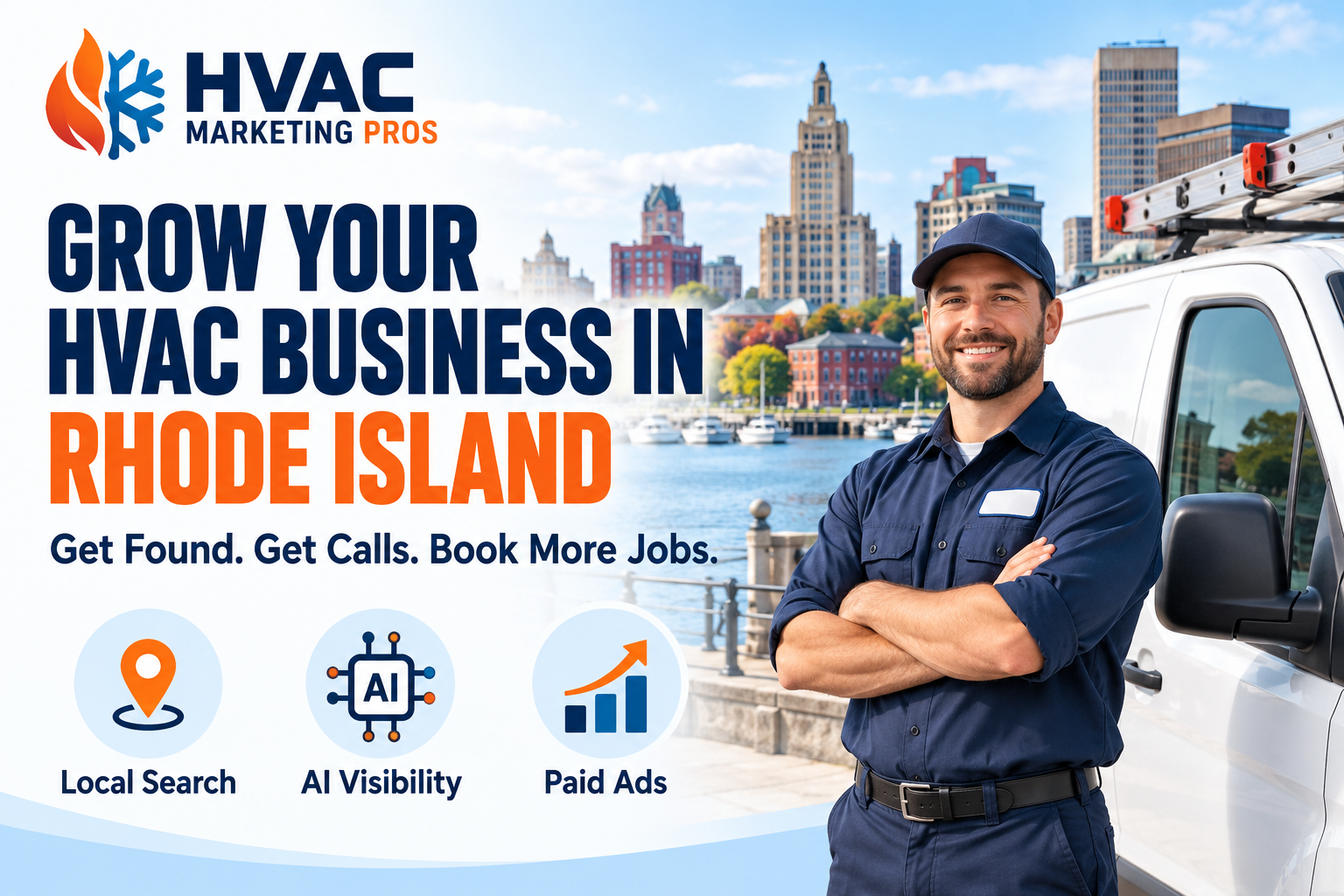 HVAC Marketing Pros Rhode Island banner with a technician, service van and local scenery: Local Search, AI Visibility and Paid Ads.