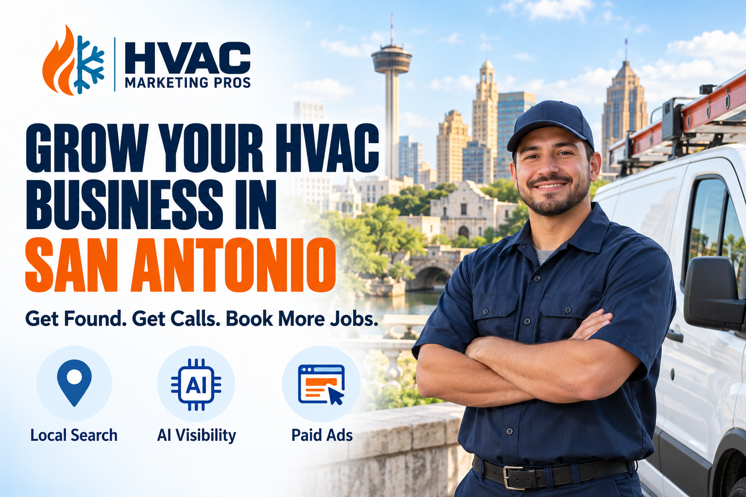 HVAC Marketing Pros San Antonio banner with a technician, service van and local scenery: Local Search, AI Visibility and Paid Ads.