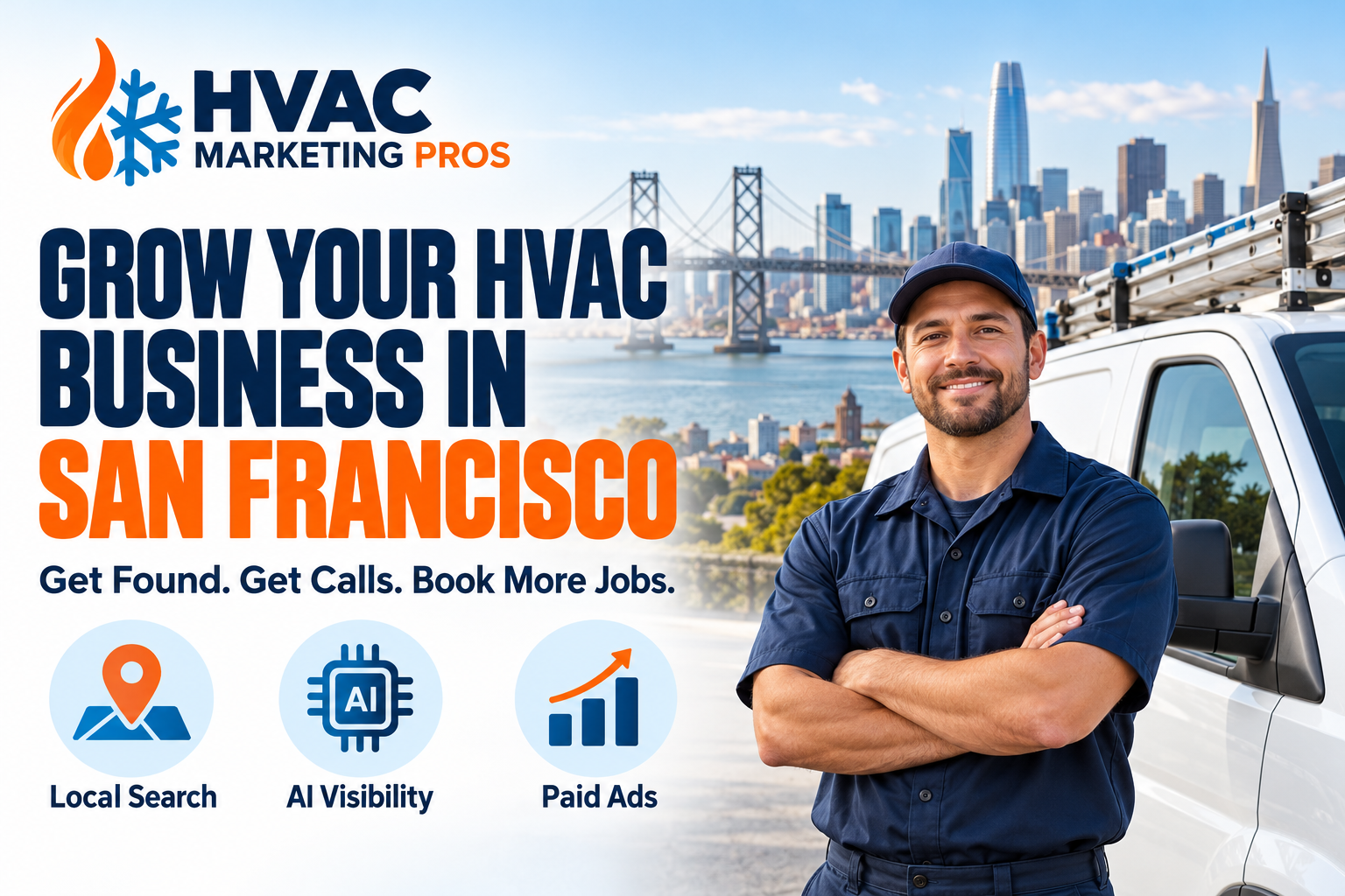 HVAC Marketing Pros San Francisco banner with a technician, service van and local scenery: Local Search, AI Visibility and Paid Ads.