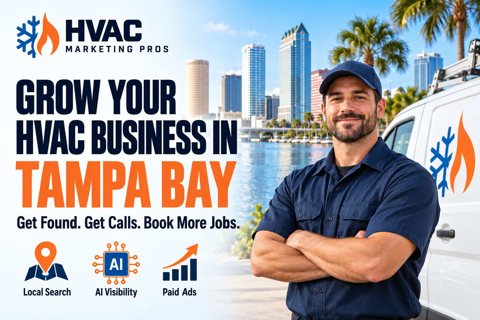 HVAC Marketing Pros Tampa Bay banner with a technician, service van and local scenery: Local Search, AI Visibility and Paid Ads.