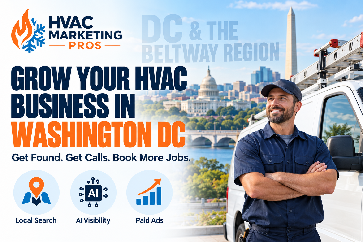 HVAC Marketing Pros Washington DC banner with a technician, service van and local scenery: Local Search, AI Visibility and Paid Ads.